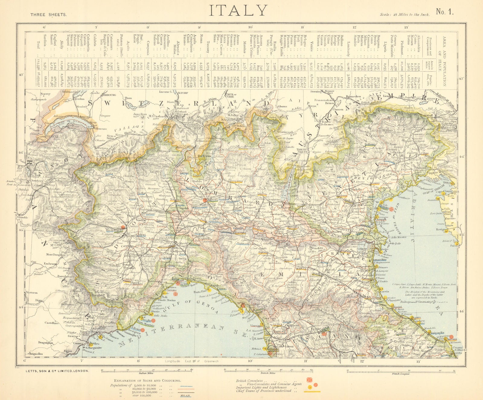 NORTHERN ITALY. Lombardy Piedmont British consulates Lighthouses. LETTS 1892 map